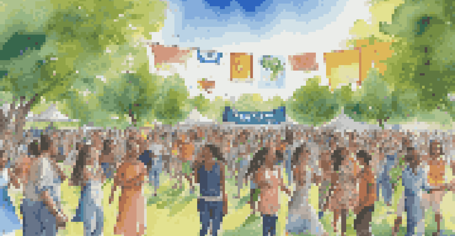 A diverse group of people participating in a global dance challenge for climate action in a park, with a banner saying 'Dance for Change' and a clear blue sky.