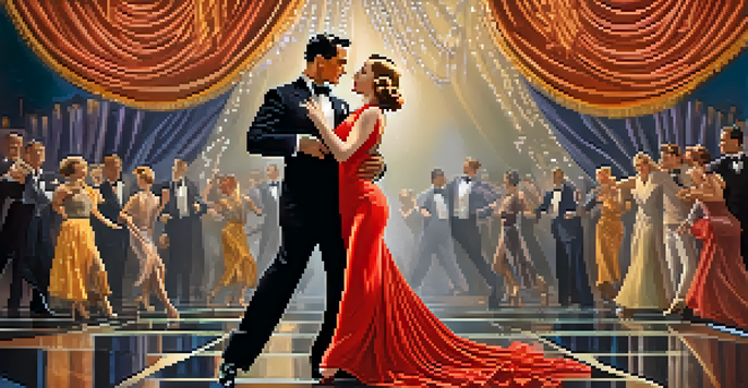 A man and woman performing an elegant dance on a lavishly decorated stage, dressed in 1930s attire with art deco elements.