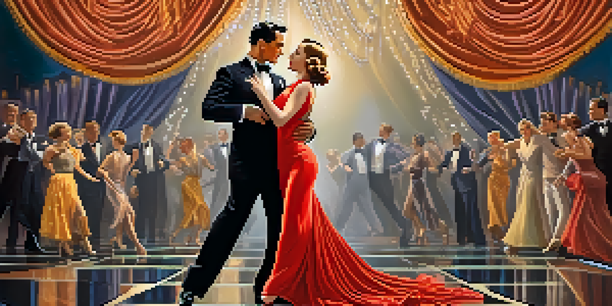 A man and woman performing an elegant dance on a lavishly decorated stage, dressed in 1930s attire with art deco elements.