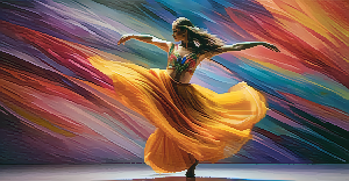 A dancer performing in a vibrant costume, with a digital background that responds to their movements, illuminated by soft ambient lighting.
