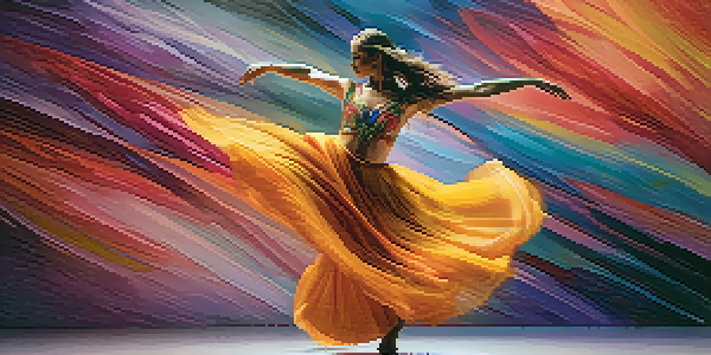 A dancer performing in a vibrant costume, with a digital background that responds to their movements, illuminated by soft ambient lighting.