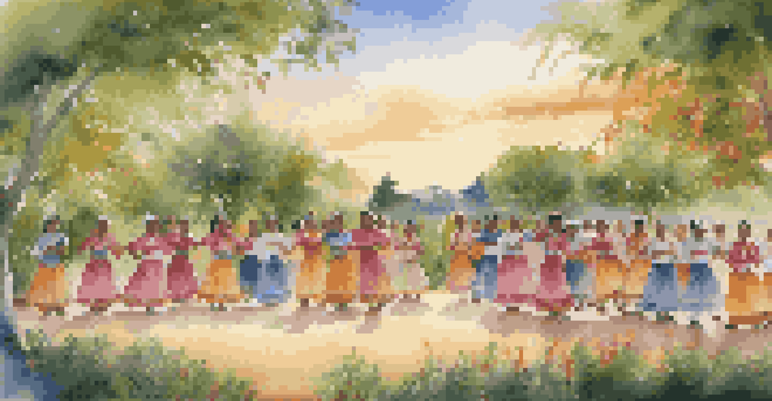 Students practicing a cultural dance outdoors in traditional costumes, surrounded by greenery and flowers during sunset.