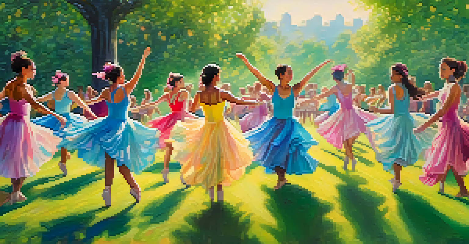 Dancers performing in a colorful outdoor park during sunset, surrounded by flowers and trees, exuding joy and freedom.