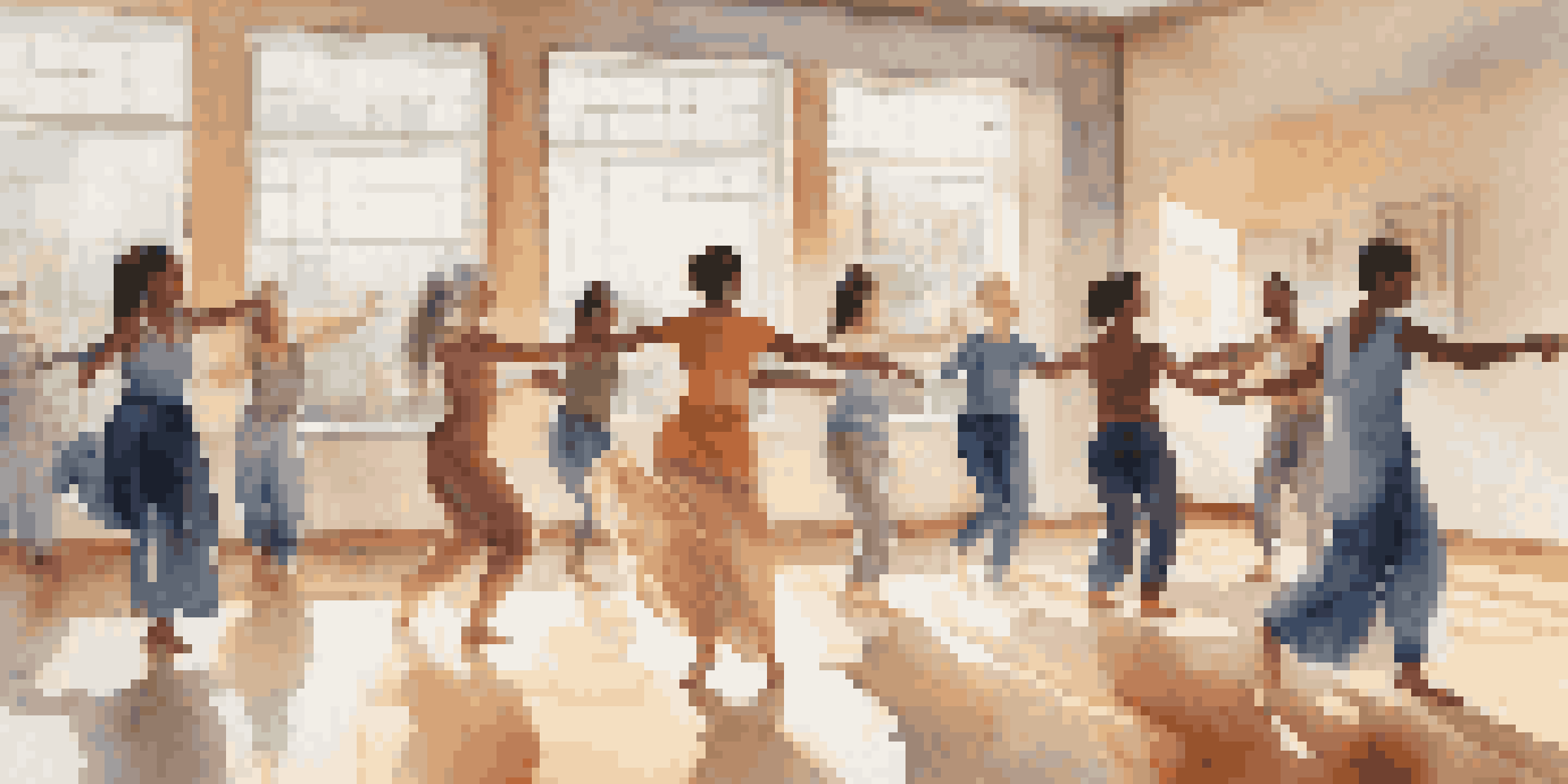 A dance movement therapy session with diverse participants expressing emotions through movement in a bright studio.