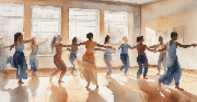 A dance movement therapy session with diverse participants expressing emotions through movement in a bright studio.