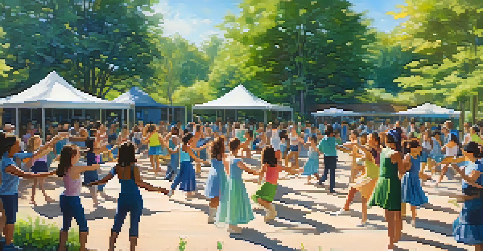 Participants of all ages in a community dance workshop outdoors, expressing themes of nature and sustainability.