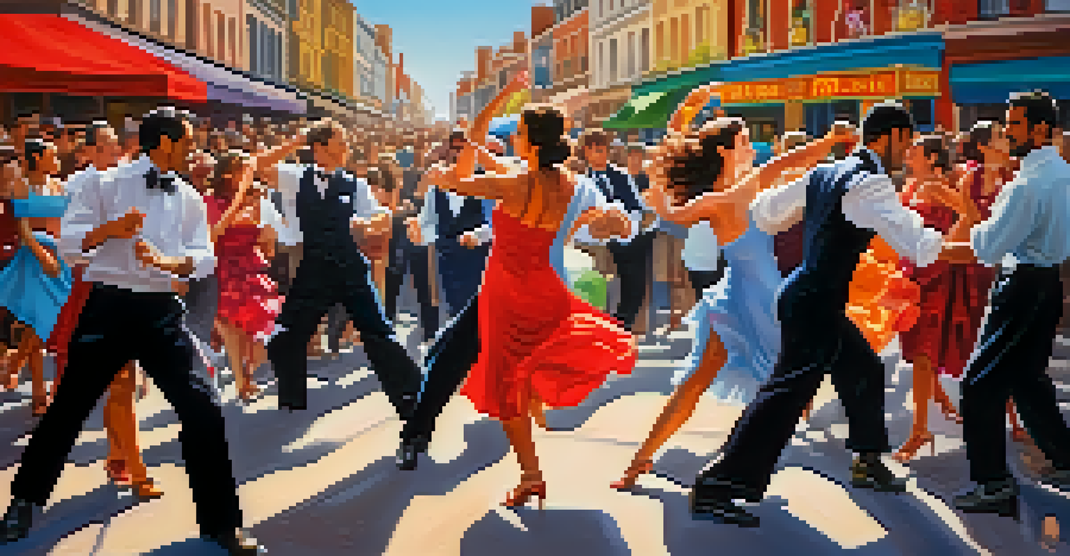 Dancers performing tango at an outdoor street festival, surrounded by colorful decorations and an engaged crowd.