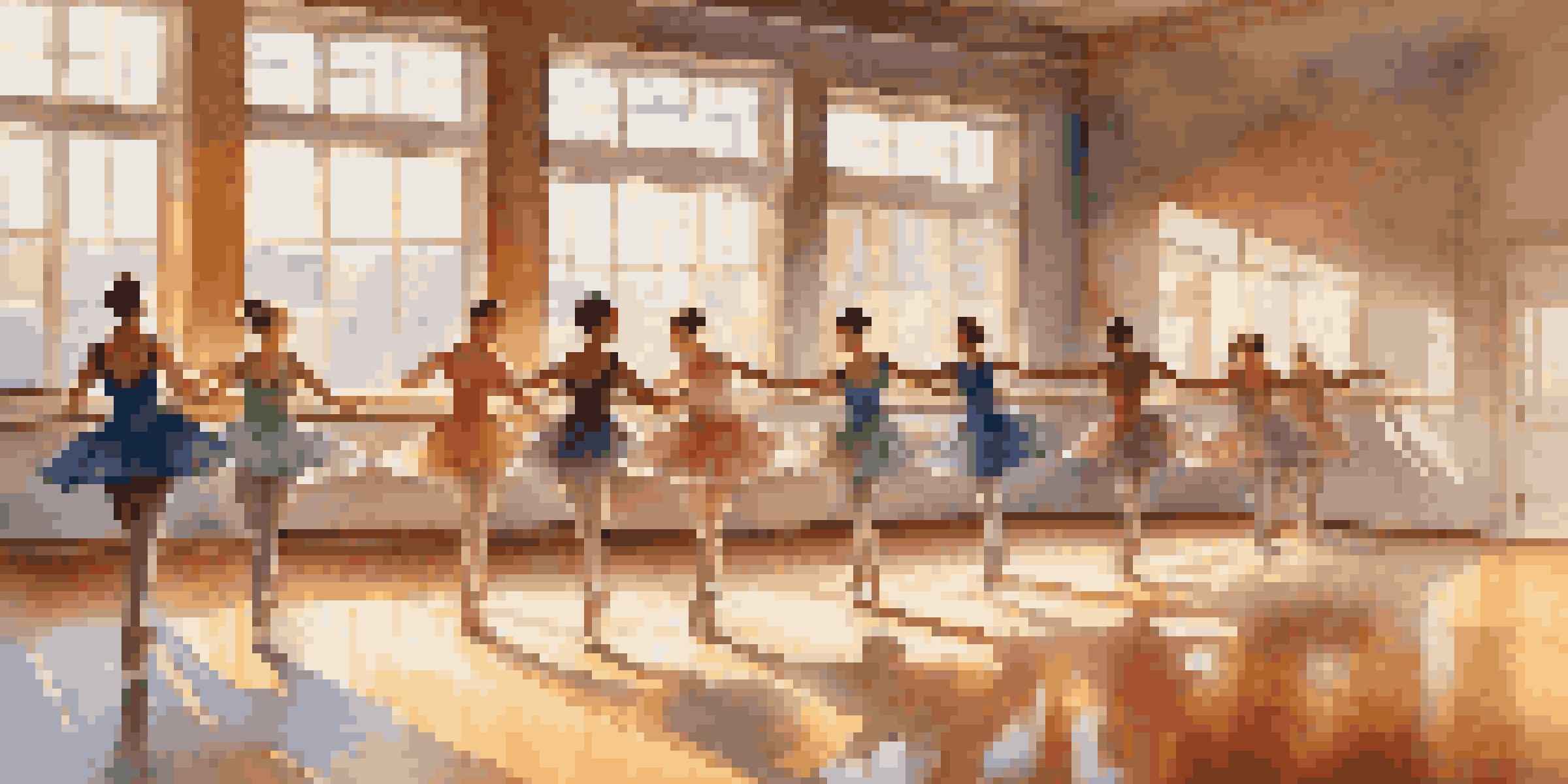 A group of dancers practicing in a sunlit dance studio, showcasing colorful leotards and a wooden floor reflecting their movements.