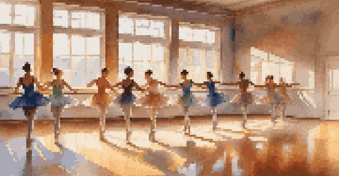 A group of dancers practicing in a sunlit dance studio, showcasing colorful leotards and a wooden floor reflecting their movements.
