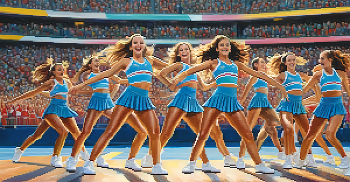 A cheerleading team performing stunts in a stadium, with colorful uniforms and an excited crowd.