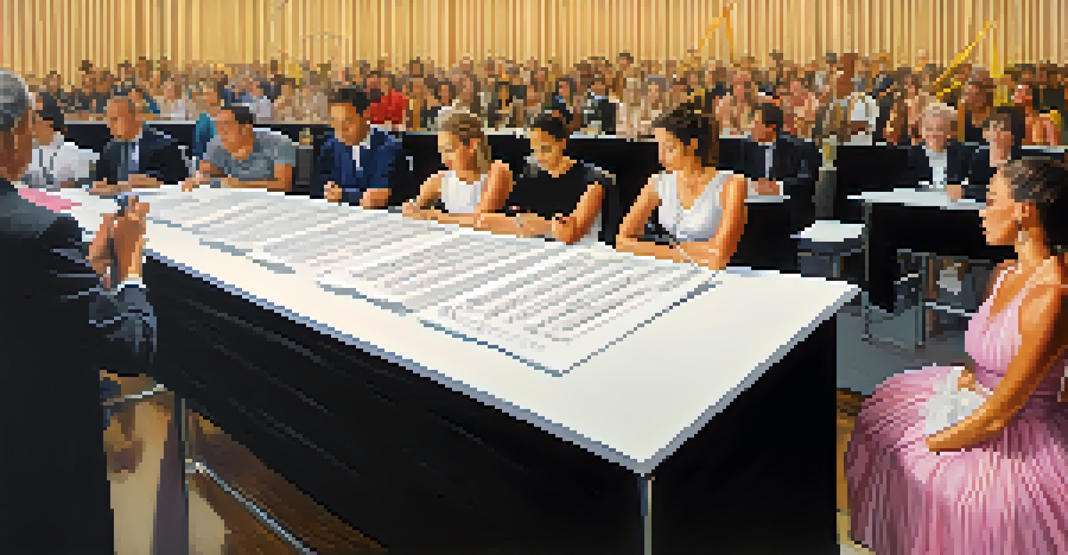 A judging panel at a dance competition, with judges reviewing performances and taking notes at a table filled with score sheets.