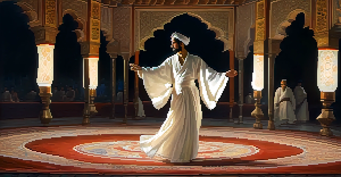 A Sufi dancer in a flowing white robe performing a whirl dance in a softly lit room with glowing lanterns, creating a serene atmosphere.