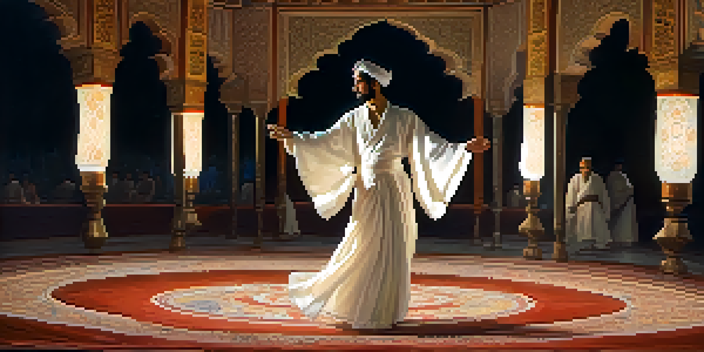 A Sufi dancer in a flowing white robe performing a whirl dance in a softly lit room with glowing lanterns, creating a serene atmosphere.