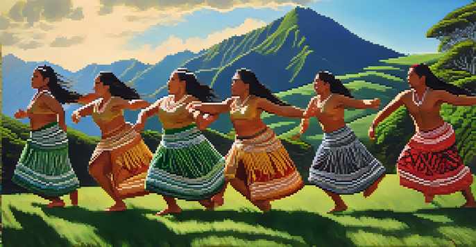 A group of Maori dancers performing a haka dance on a green hillside with mountains in the background, dressed in traditional attire with expressive movements.