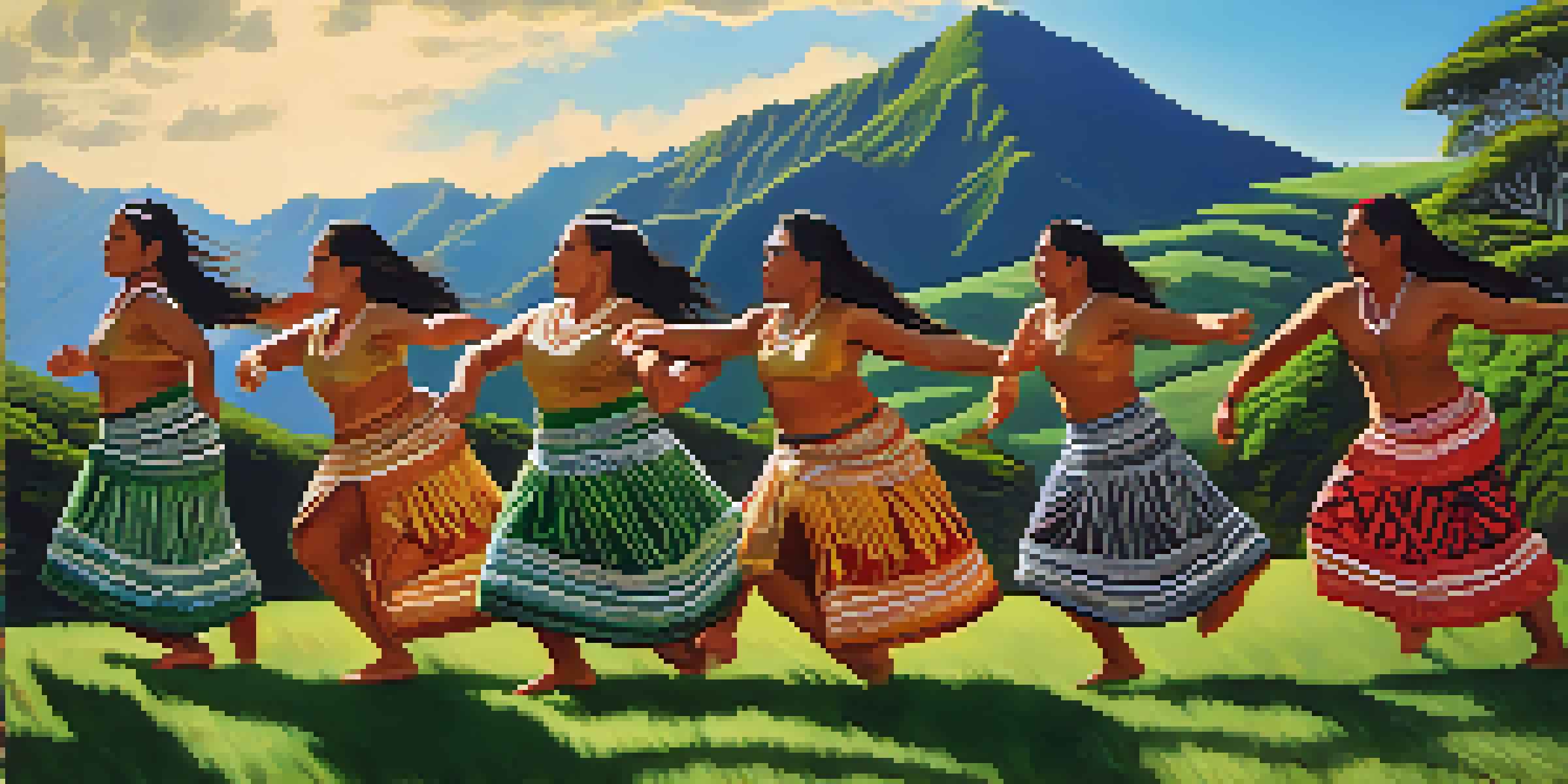 A group of Maori dancers performing a haka dance on a green hillside with mountains in the background, dressed in traditional attire with expressive movements.
