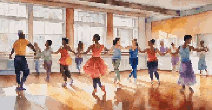 A dance class in a sunlit studio with diverse participants dancing joyfully, reflecting a sense of community and support.