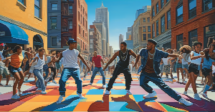 A lively urban street dance scene with diverse dancers performing breakdancing on a colorful paved area adorned with graffiti.