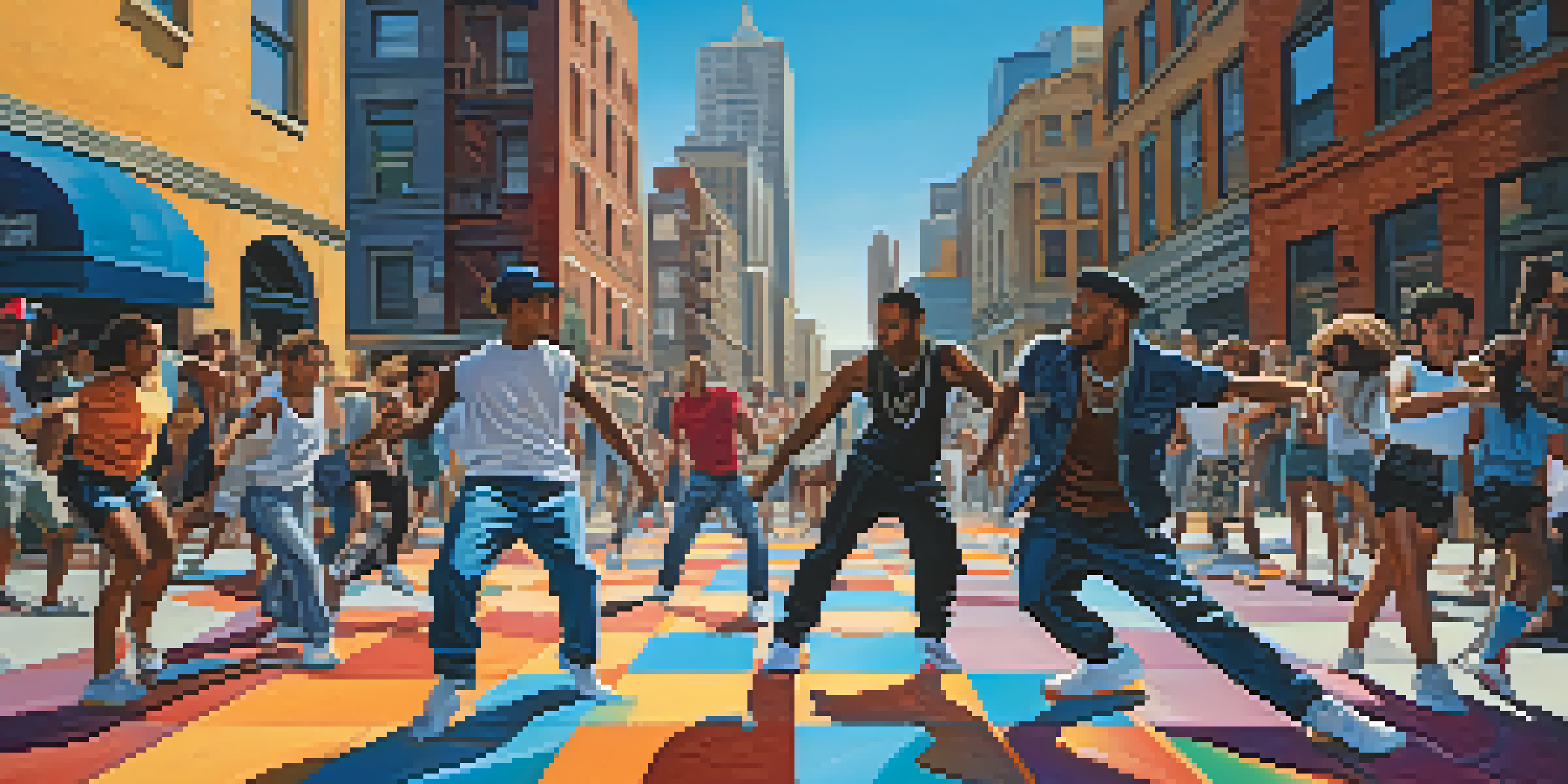 A lively urban street dance scene with diverse dancers performing breakdancing on a colorful paved area adorned with graffiti.