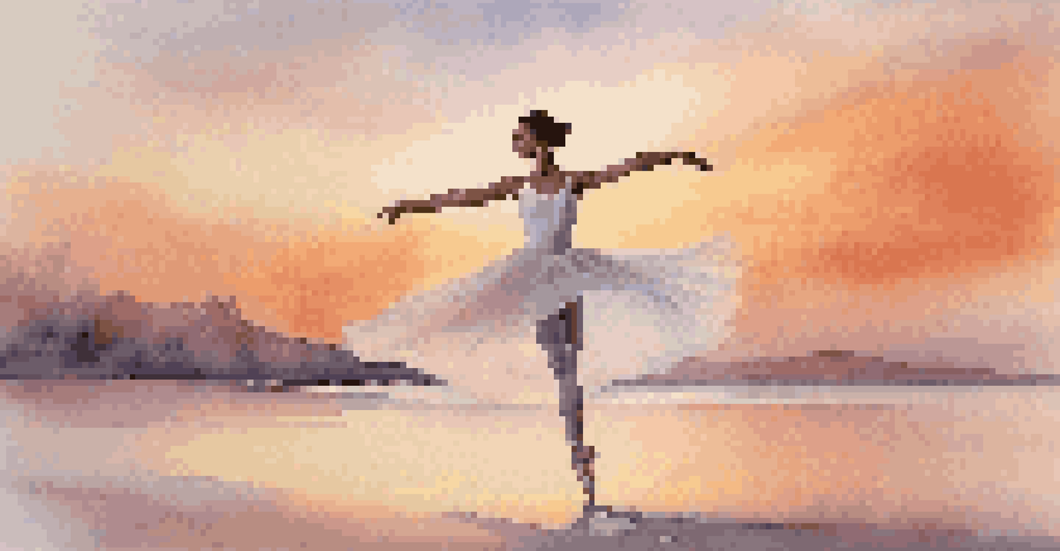 A ballet dancer leaping gracefully in front of a pastel sunset, with a soft focus on her flowing tutu.