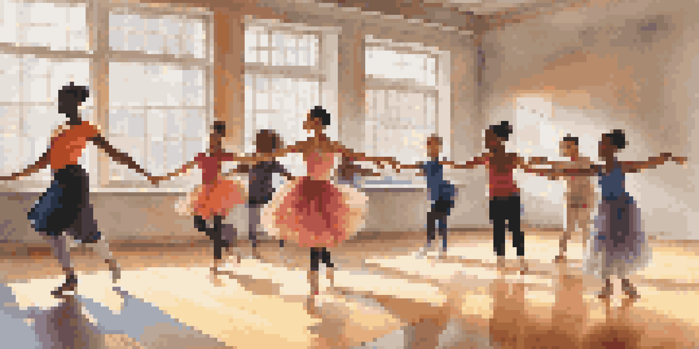 A lively dance class in a bright studio with diverse participants dancing in colorful outfits.