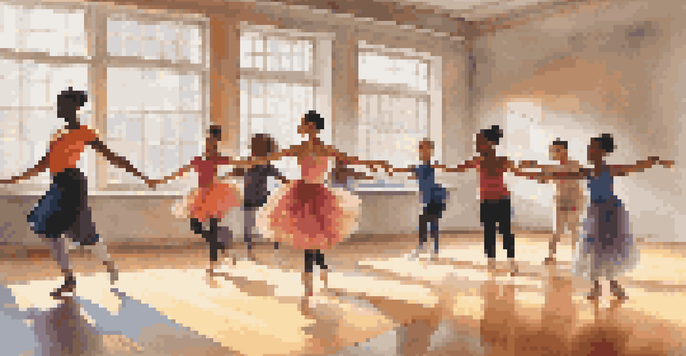 A lively dance class in a bright studio with diverse participants dancing in colorful outfits.
