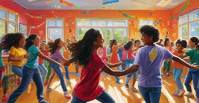 A diverse group of students dancing in a colorful classroom, expressing emotions through movement, with warm lighting and bright decorations.