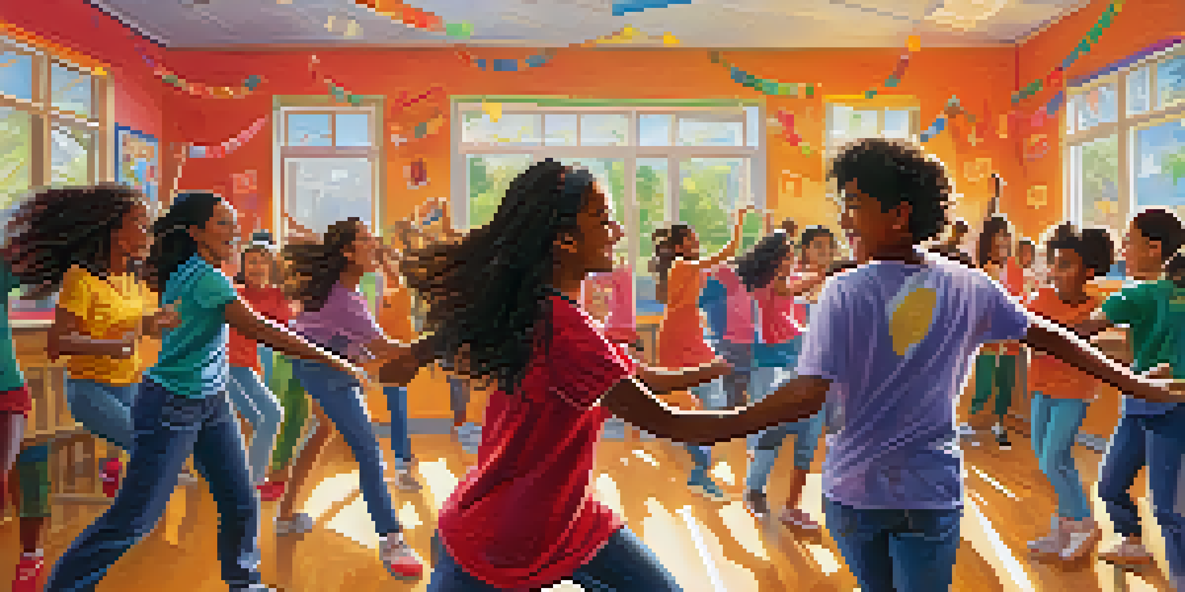 A diverse group of students dancing in a colorful classroom, expressing emotions through movement, with warm lighting and bright decorations.