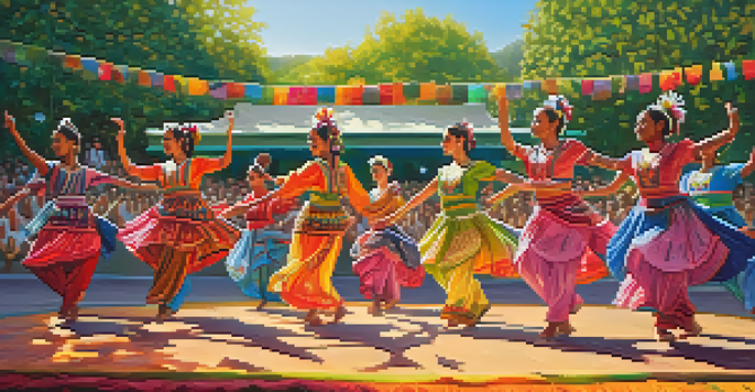 A diverse group of dancers in traditional costumes performing a folk dance outdoors, surrounded by greenery and colorful decorations, under warm sunlight.