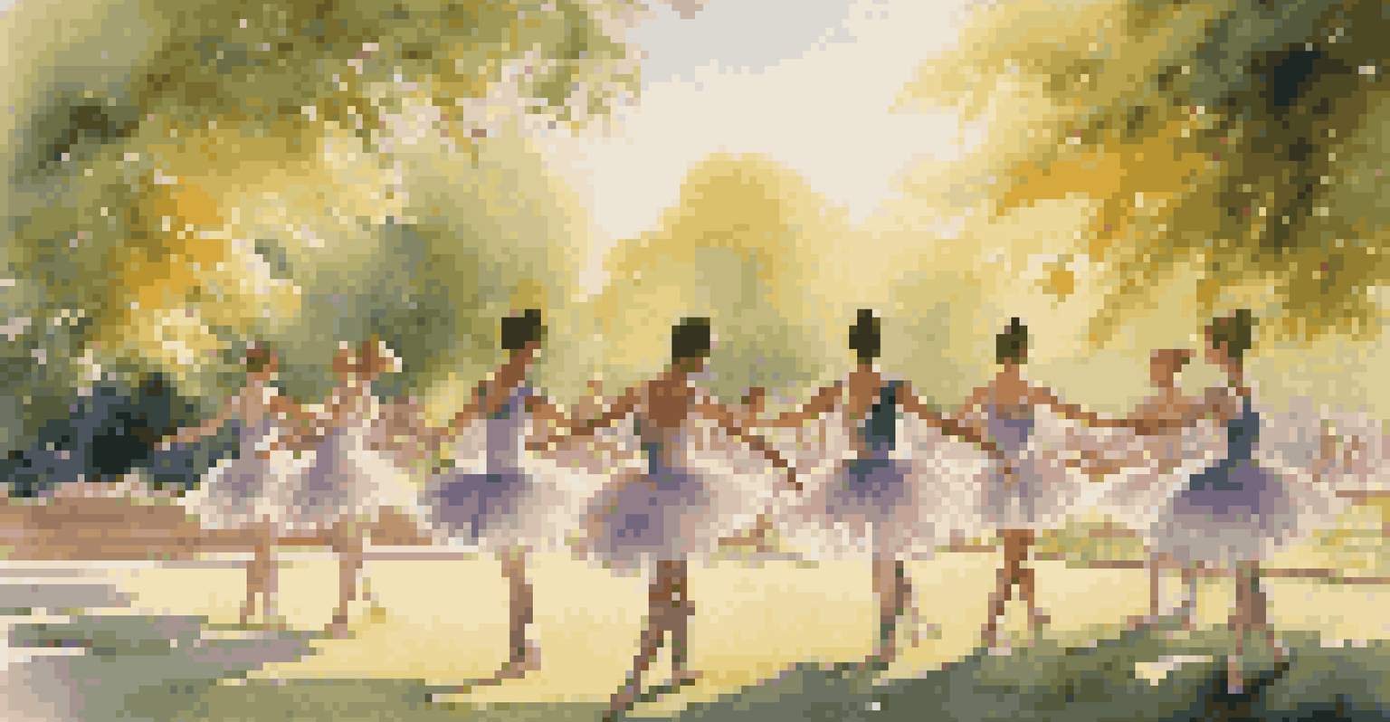 A group of ballet dancers practicing in a park surrounded by flowers and greenery, bathed in warm golden hour sunlight.