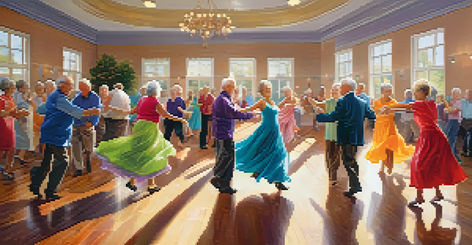 A group of elderly people happily dancing in a community center, illuminated by sunlight with colorful decorations.