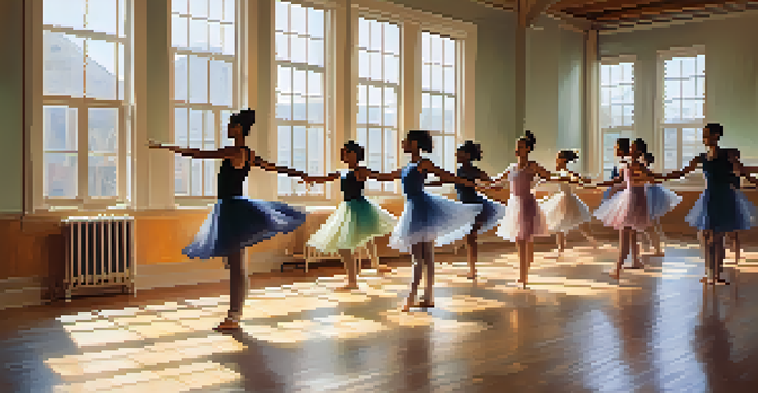 A peaceful dance therapy session with diverse participants moving joyfully in a bright studio filled with natural light.