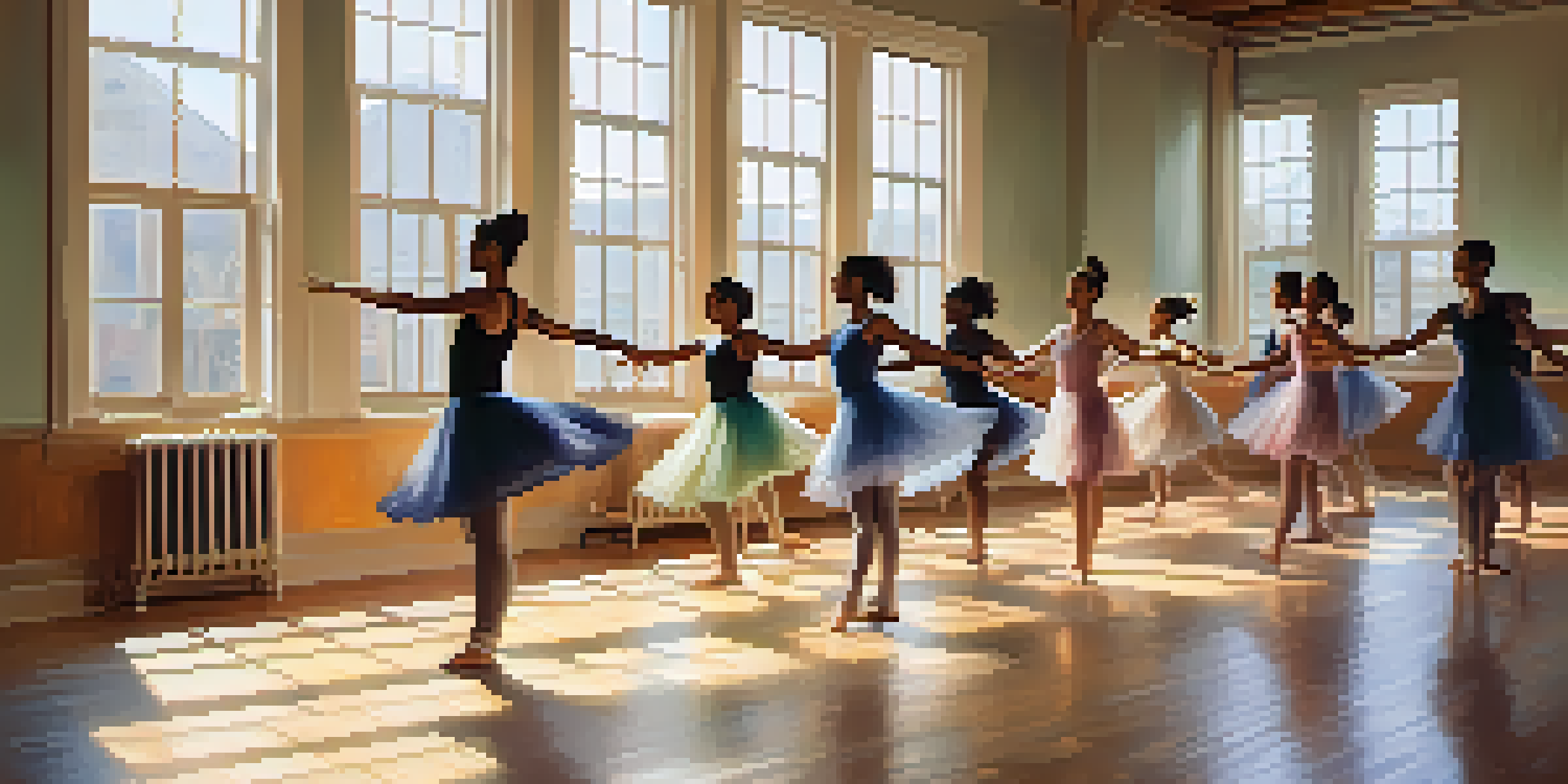 A peaceful dance therapy session with diverse participants moving joyfully in a bright studio filled with natural light.