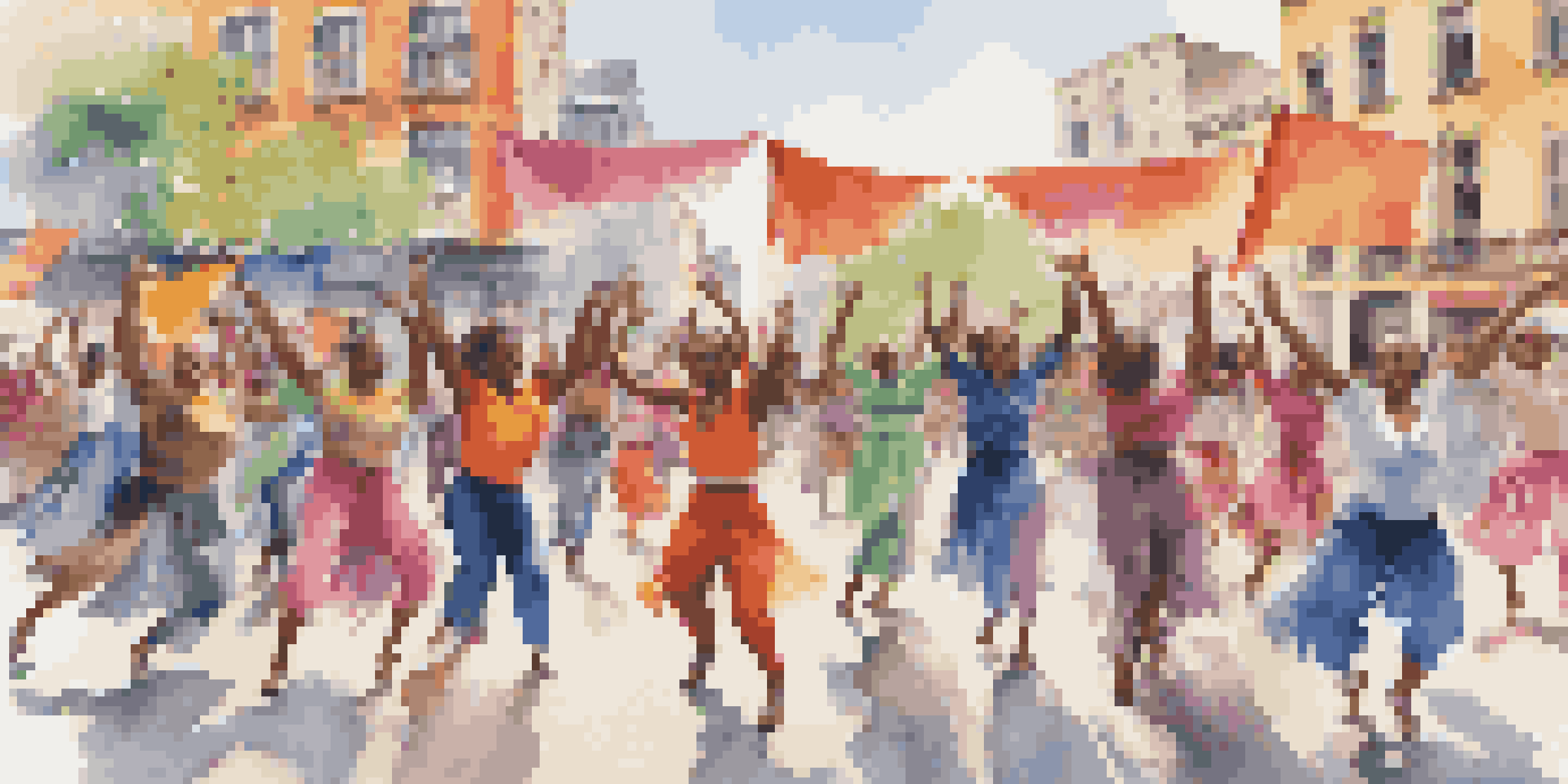 A diverse group of dancers performing in a city square, surrounded by colorful protest signs.