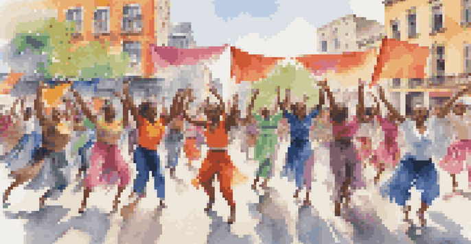A diverse group of dancers performing in a city square, surrounded by colorful protest signs.