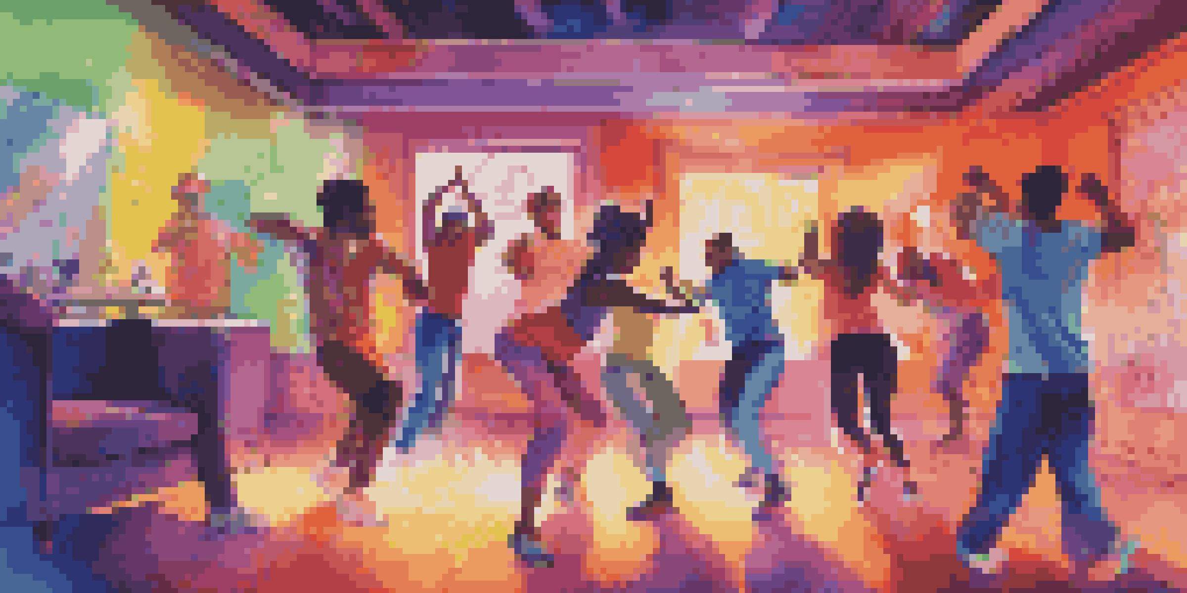 A group of diverse players dancing in a colorful living room, with bright lights and a large screen displaying dance graphics.