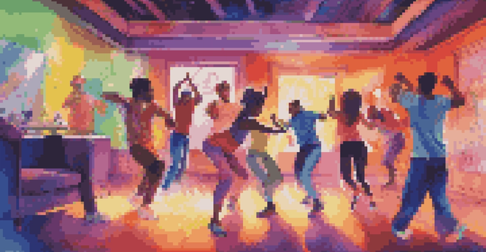 A group of diverse players dancing in a colorful living room, with bright lights and a large screen displaying dance graphics.