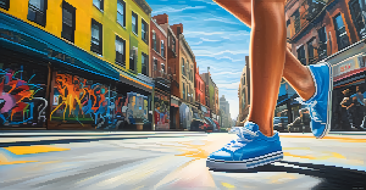 Close-up of a dancer's feet in colorful sneakers performing on a graffiti-covered urban street, with motion blur to show movement.