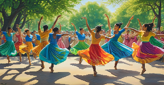 A diverse group of dancers in colorful costumes performing various dance styles in a sunny park, with lush trees in the background.