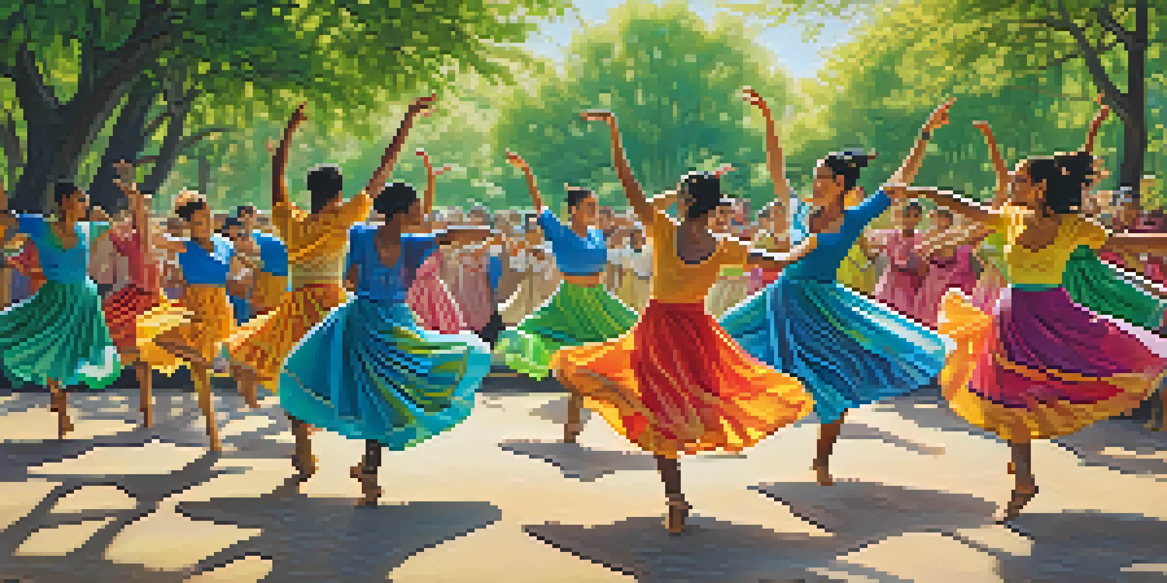 A diverse group of dancers in colorful costumes performing various dance styles in a sunny park, with lush trees in the background.