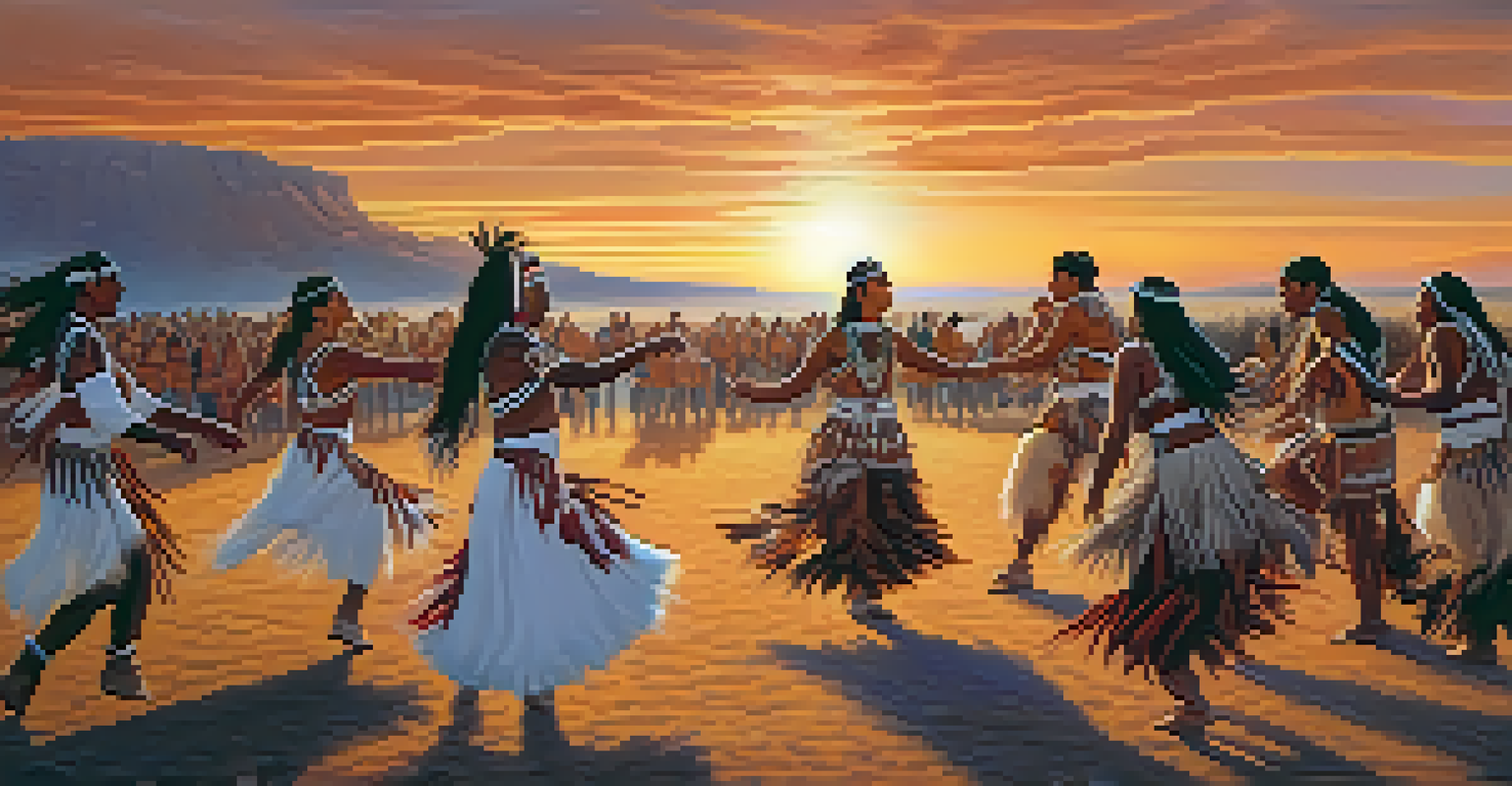 Dancers in traditional Native American costumes perform in a natural landscape at sunset, showcasing cultural heritage and spirituality.