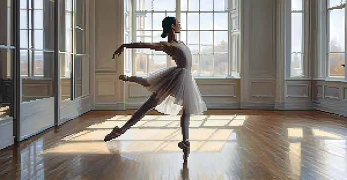 A ballet dancer executing a plié in a bright studio with wooden floors and large windows.