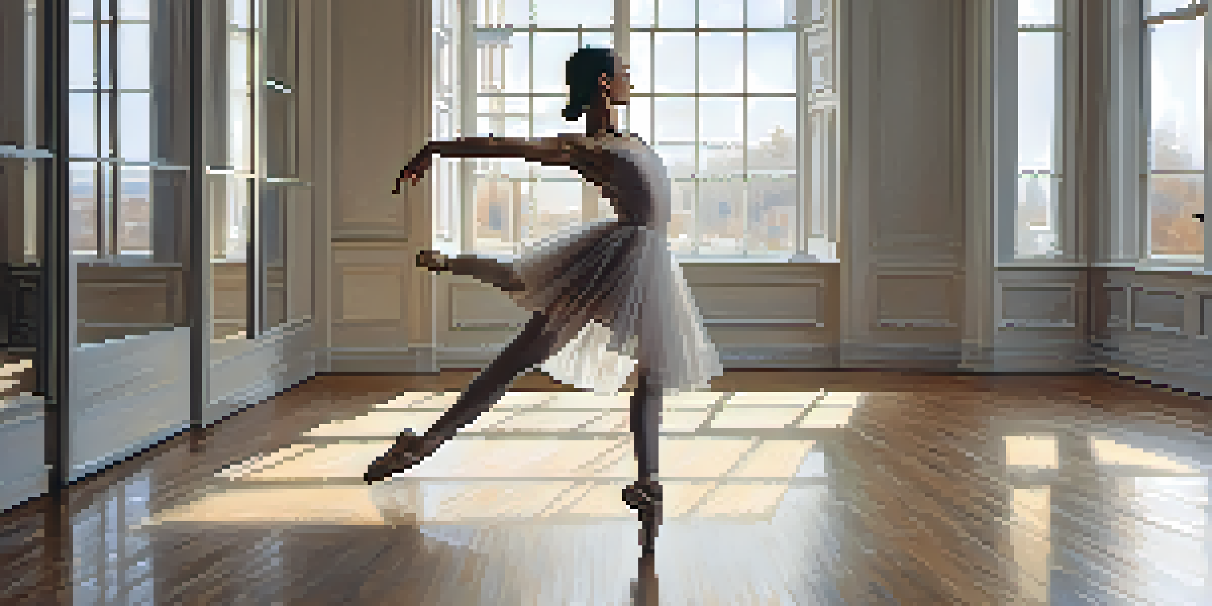 A ballet dancer executing a plié in a bright studio with wooden floors and large windows.