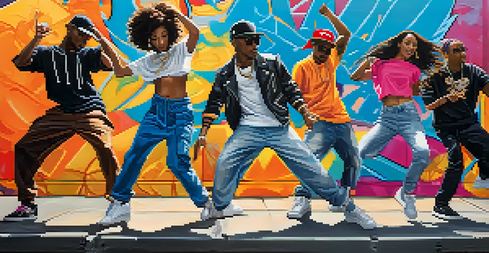 A diverse group of hip-hop dancers performing in front of a colorful graffiti wall, showcasing various dance styles.