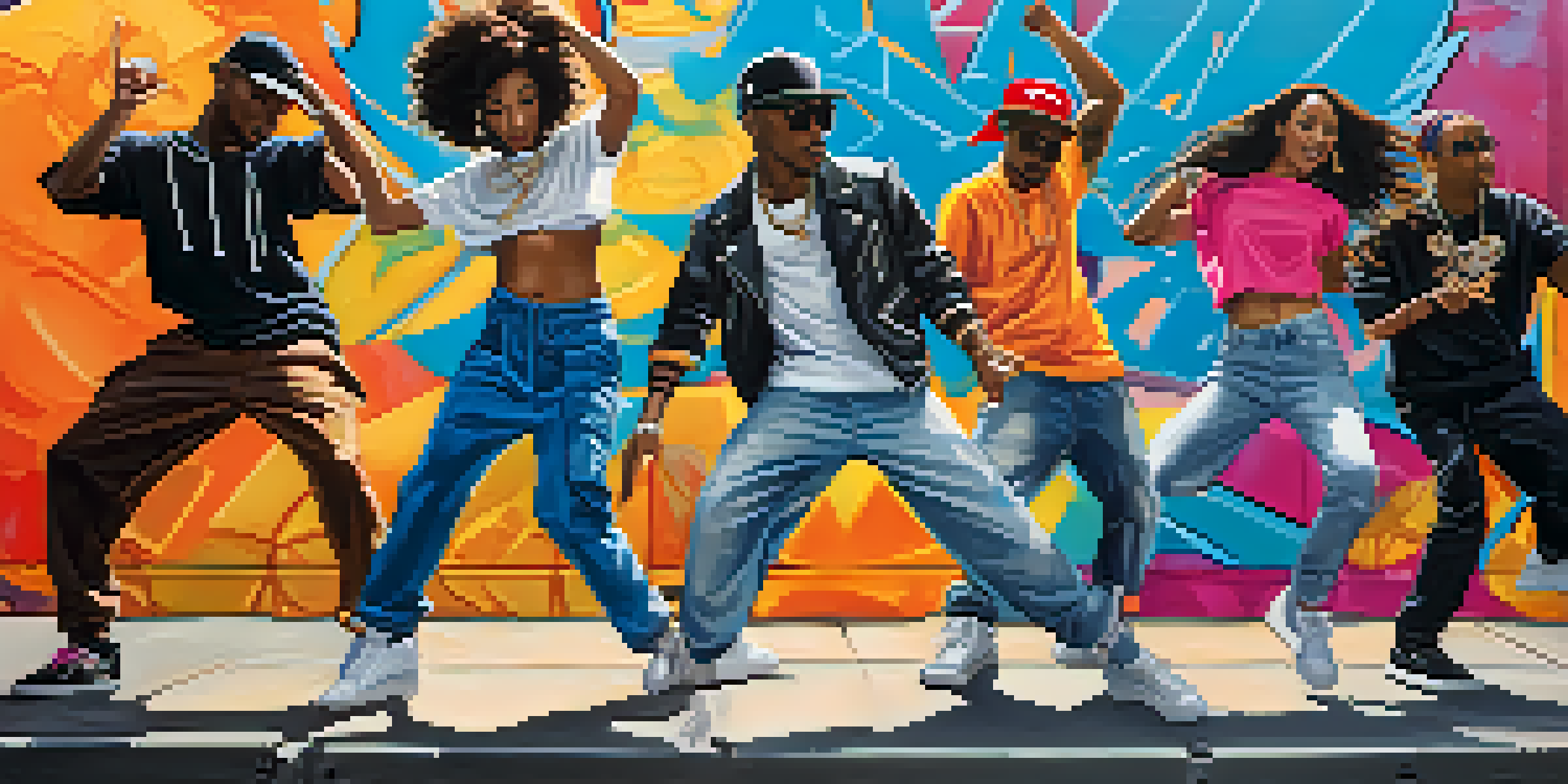 A diverse group of hip-hop dancers performing in front of a colorful graffiti wall, showcasing various dance styles.