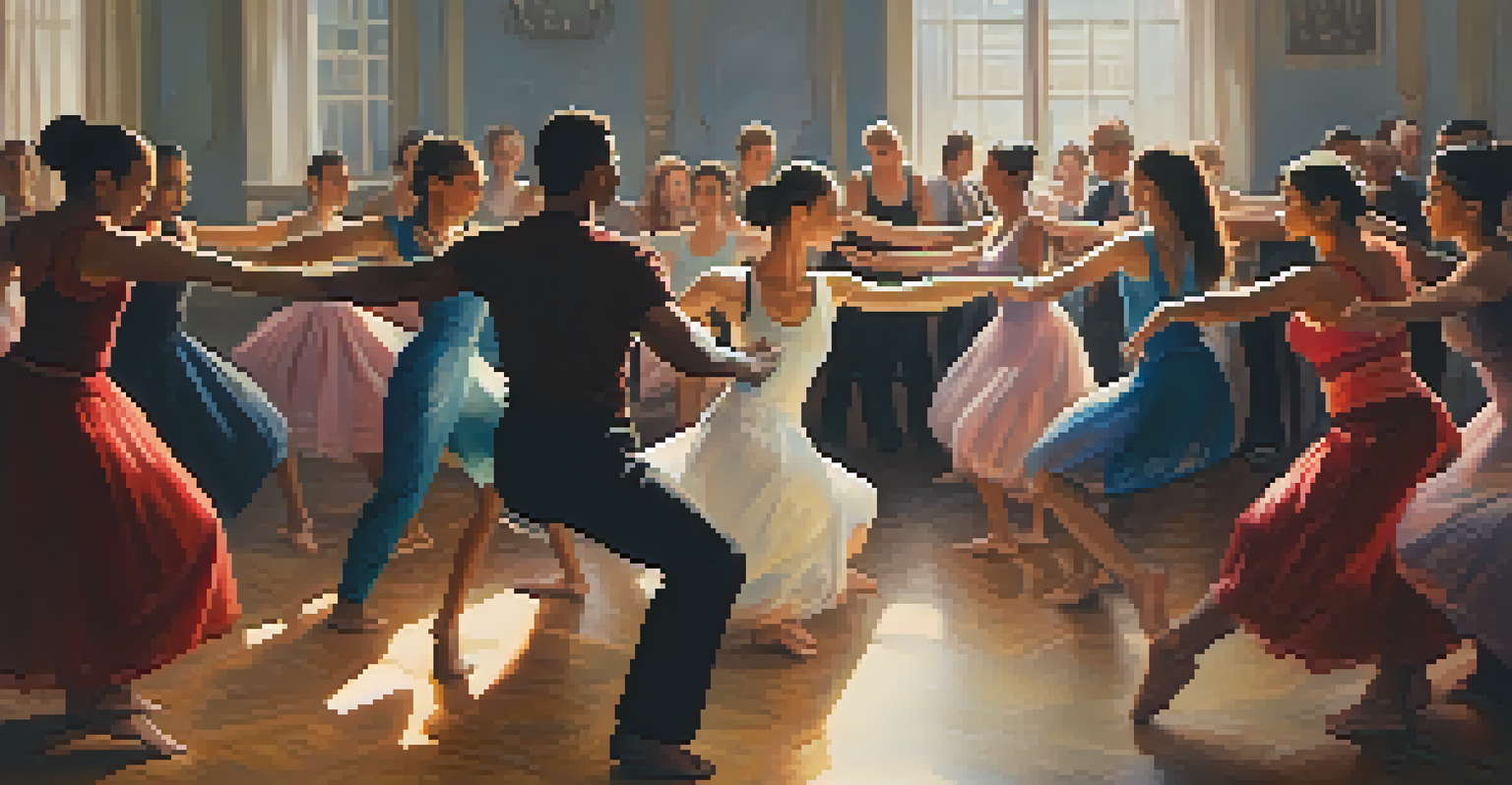 An intimate dance circle with participants synchronizing their movements in a softly lit atmosphere.