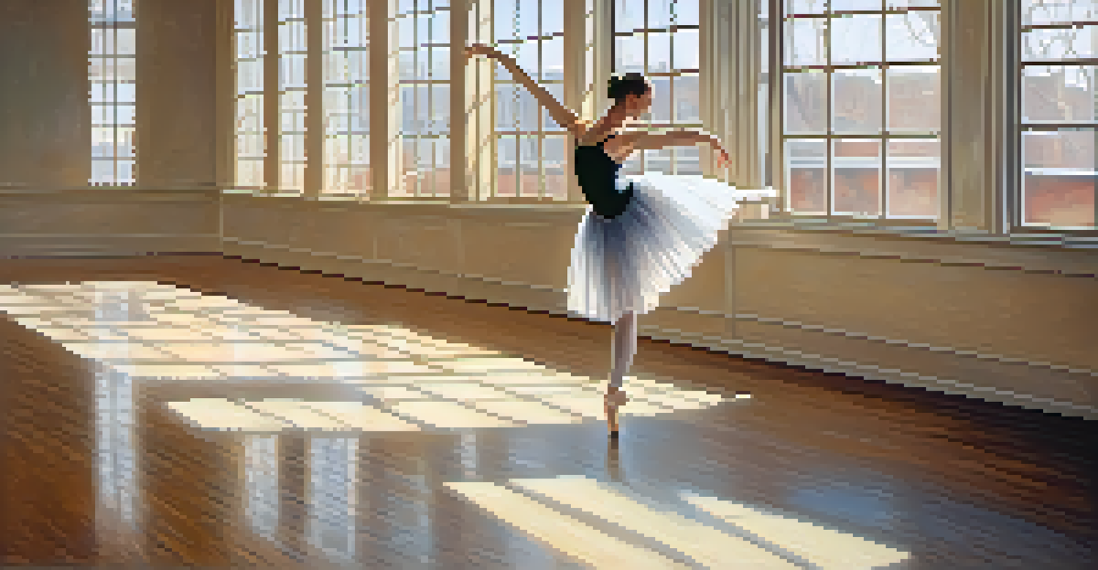 A ballerina rehearsing at a barre in a sunlit dance studio, with light filtering through large windows, illuminating her graceful posture and the texture of her tutu.