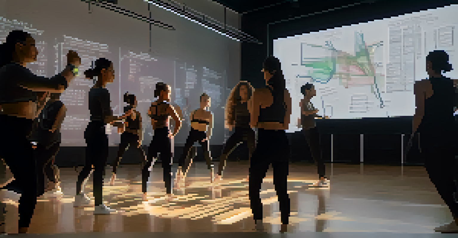 A choreographer closely analyzing dance movements displayed on a screen, surrounded by notes and digital devices in a focused dance class environment.