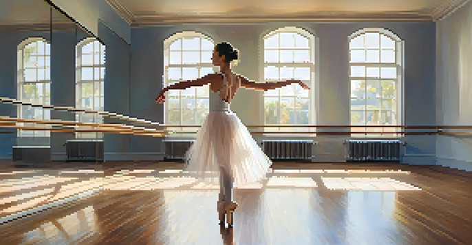 A ballet dancer in a white tutu performing gracefully in a sunlit dance studio with wooden floors and mirrors.