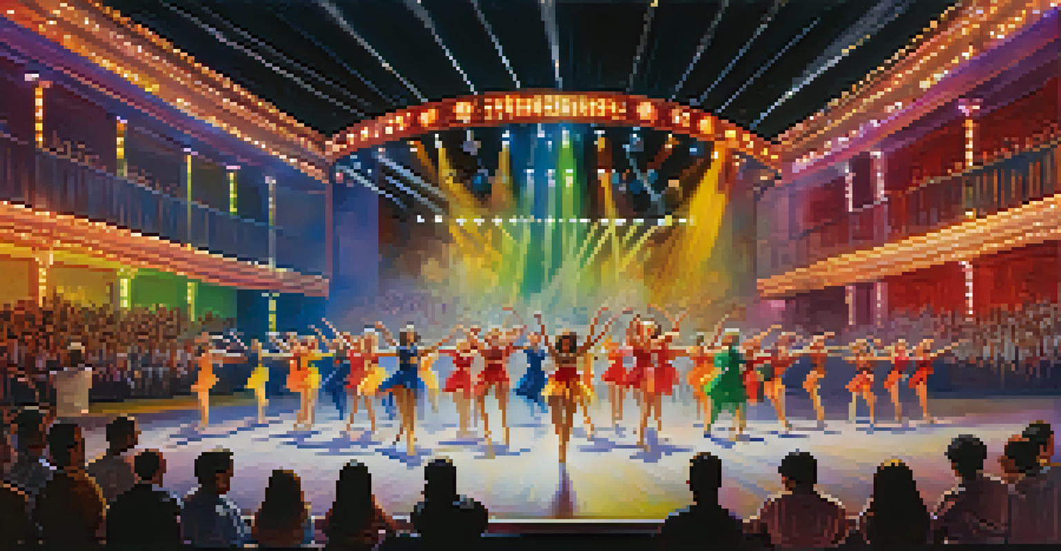 A colorful stage during a dance competition with dancers performing energetically, bright lights illuminating the scene and an engaged audience in the foreground.