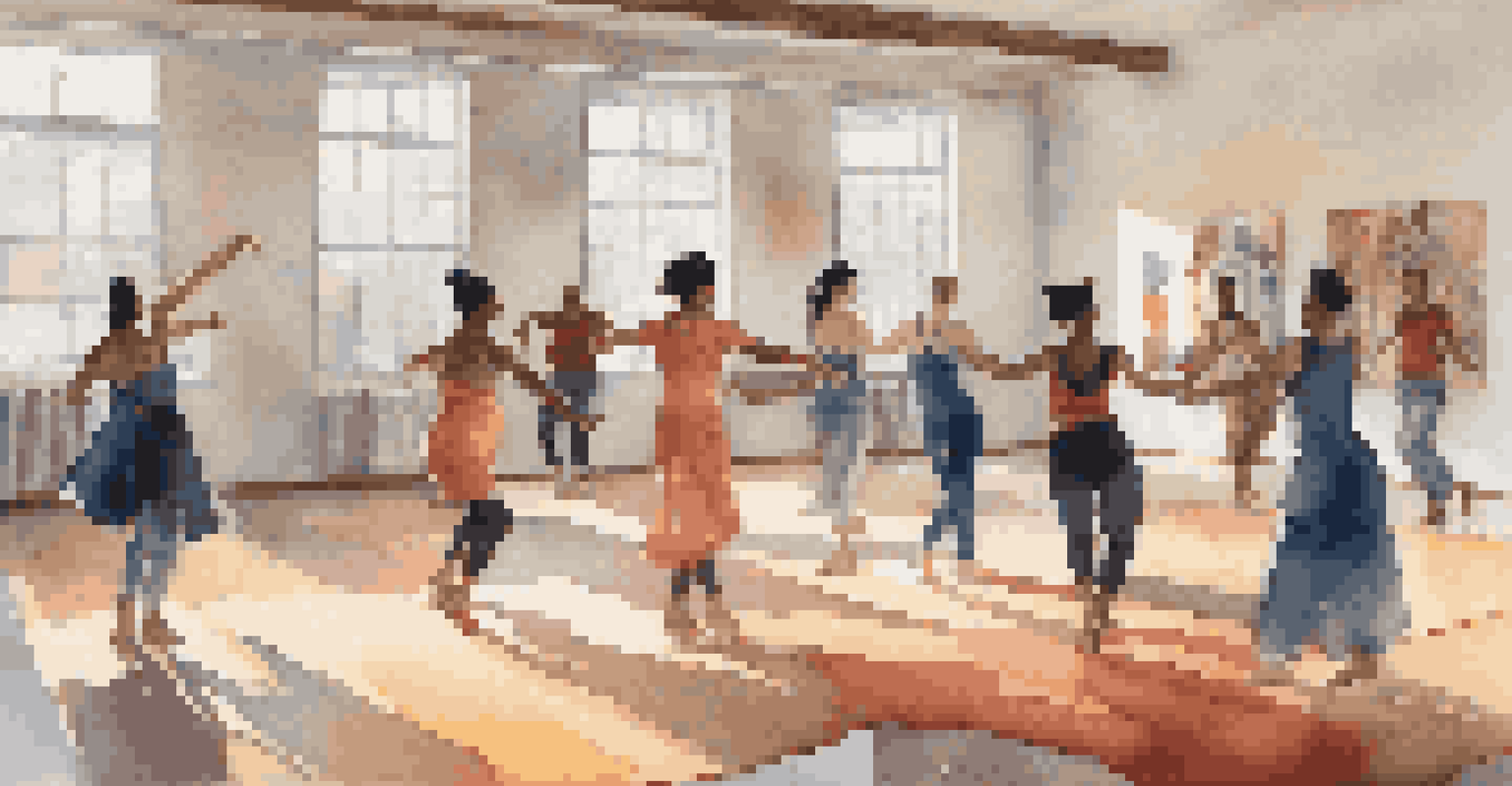A group of diverse dancers engaging in collaborative improvisation in a bright, spacious studio with colorful rugs and props.